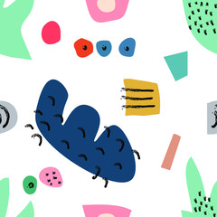 Seamless pattern. Hand drawn various shapes and doodle objects. Abstract contemporary modern trendy vector illustration.  Transparent background