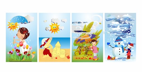  colorful composition showing children and changes in the natural environment in during the year