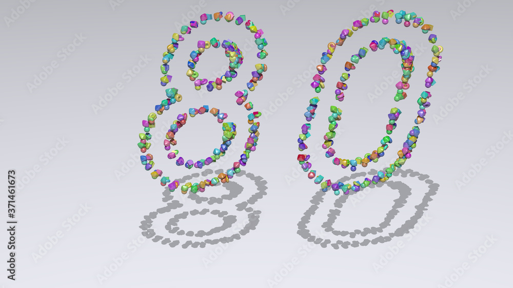 Poster colorful 3d writting of £ text with small objects over a white background and matching shadow