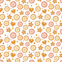 Seamless background with dried orange slices ang gingerbread cookies. Can be used for wallpaper, pattern fills, textile, web page background, surface textures.