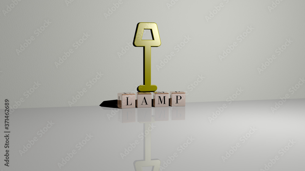 Poster lamp text of cubic dice letters on the floor and 3d icon on the wall - 3d illustration for backgroun
