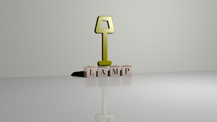 lamp text of cubic dice letters on the floor and 3D icon on the wall - 3D illustration for background and light