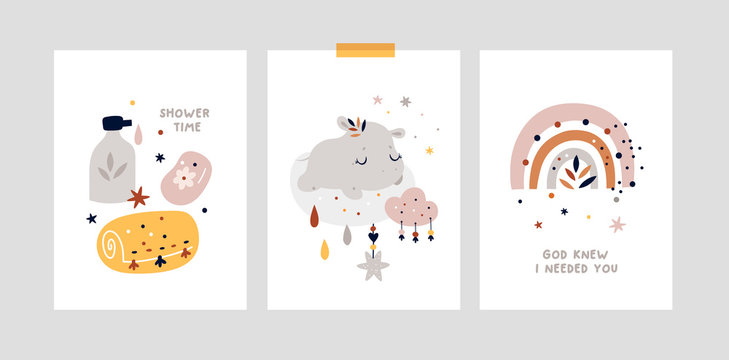 Milestone cards set for newborn. Baby shower cards collection. Nursery print or poster with little hippo, things for baby and rainbow. Ideal for kids room decoration, clothing, prints, anniversary