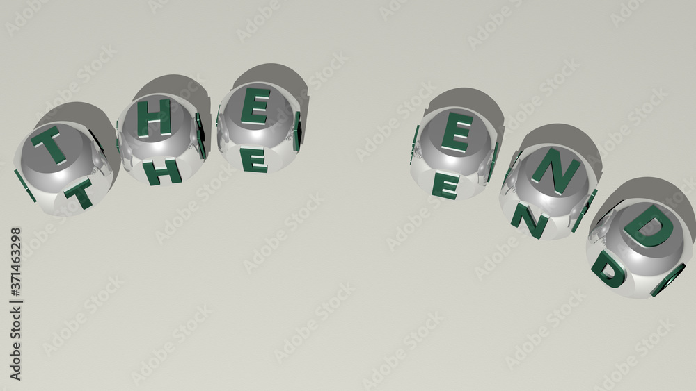Poster THE END text of dice letters with curvature - 3D illustration for background and concept