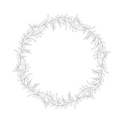 Vector botanical illustration, simple contour design template. Floral wreath line art for retro sketch greeting card. Summer banner in vintage style.