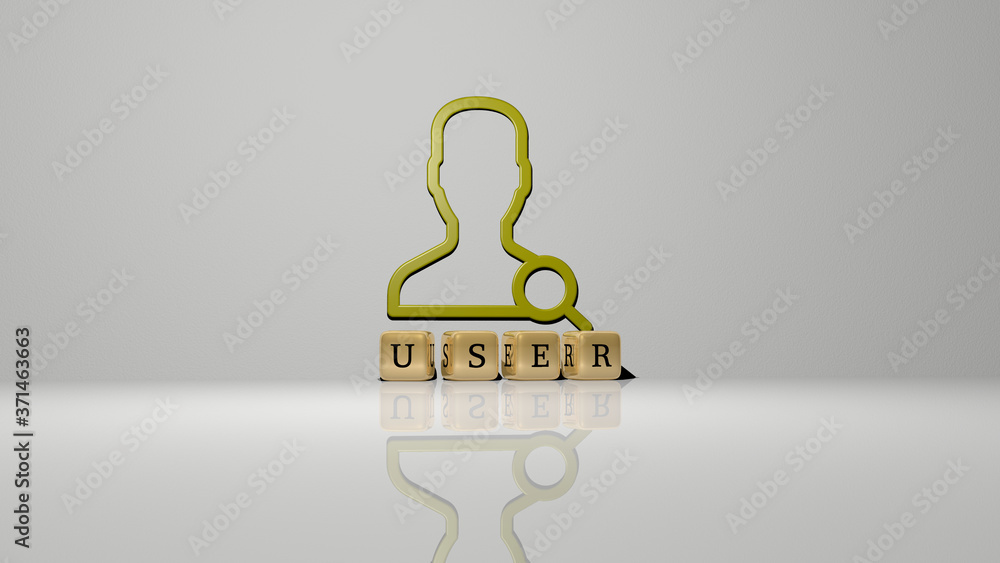 Poster user text of cubic dice letters on the floor and 3d icon on the wall - 3d illustration for interface