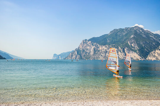Windsurfing on Lake Garda in Torbole. 13 August 2020 Torbole, Trentino Alto Adige - Italy