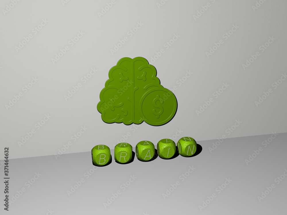 Poster brain 3d icon on the wall and text of cubic alphabets on the floor - 3d illustration for concept and