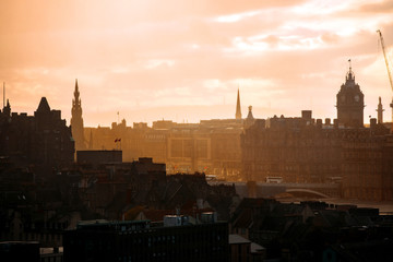 Sunset overlooking the beautiful city and castle of Edinburgh in Scotland