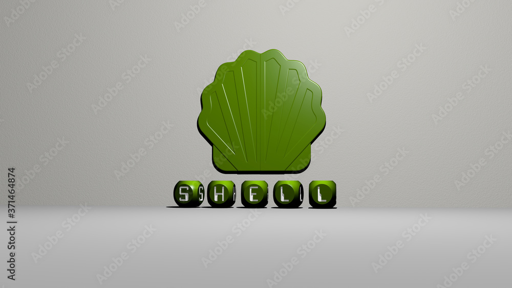 Poster shell 3d icon on the wall and text of cubic alphabets on the floor - 3d illustration for background 