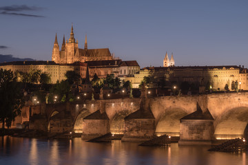 Prague Cityscape at Night with Saint Vitus Cathedral and Charles Bridge in a Nostalgic Vintage Look