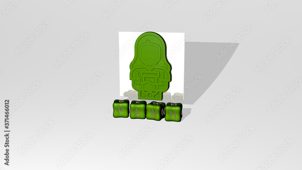Poster 3d representation of pawn with icon on the wall and text arranged by metallic cubic letters on a mir