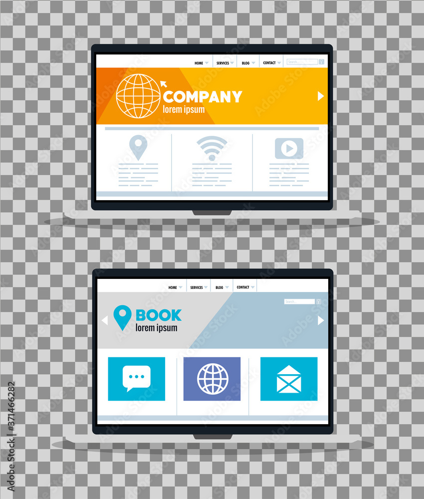 Poster mockup responsive web, concept website development in laptops vector illustration design
