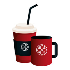 mockup disposable coffee and mug red color with white sign, corporate identity vector illustration design