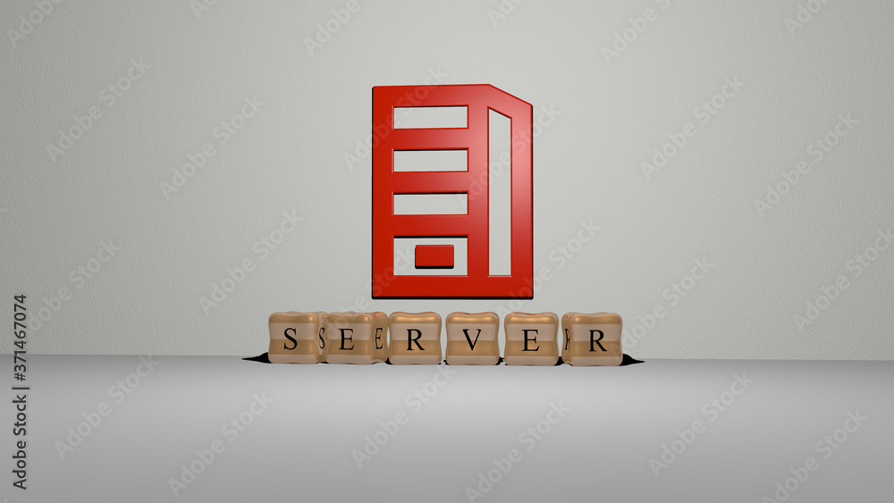 Aufkleber server 3d icon on the wall and cubic letters on the floor - 3d illustration for data and computer