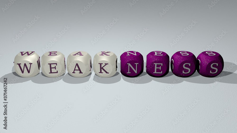 Poster crosswords of weakness arranged by cubic letters on a mirror floor, concept meaning and presentation