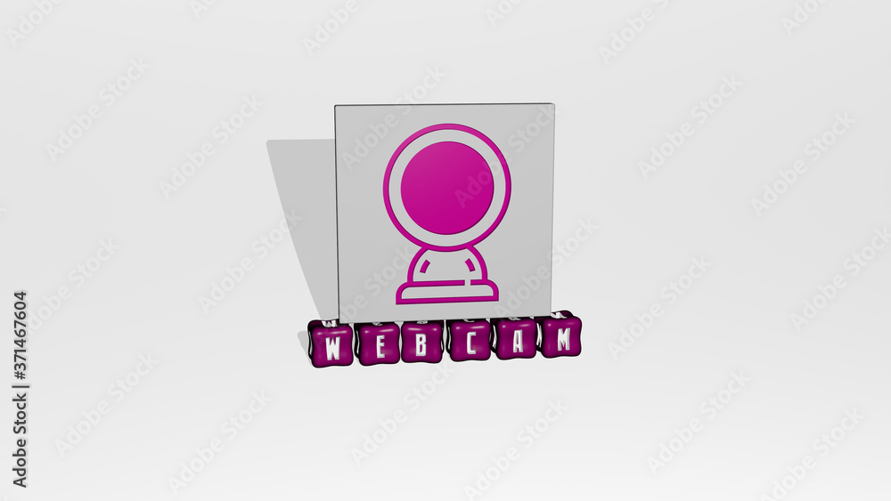 Poster 3d representation of webcam with icon on the wall and text arranged by metallic cubic letters on a m