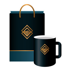mug and bag paper black mockup with golden sign, corporate identity vector illustration design
