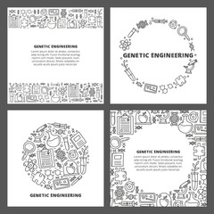 Set of cards with lettering and doodle outline genetic engineering icons including dna, microscope, syringe, blank clipboard, molecule, puzzle, book, tablet isolated on white background.