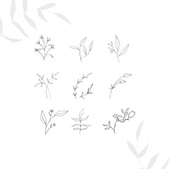 Boho logo. Tiny tattoo floral design set in doodle style isolated black contour hand drawign on white background.  - 371468485