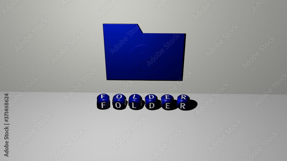 Poster folder 3d icon on the wall and text of cubic alphabets on the floor - 3d illustration for business a