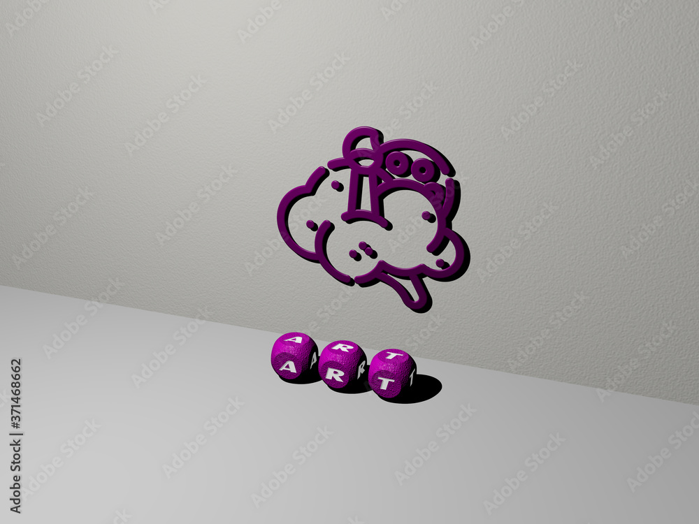 Poster art 3d icon on the wall and text of cubic alphabets on the floor - 3d illustration for background an