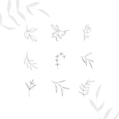 Naklejka premium Boho logo. Tiny tattoo floral design set in doodle style isolated black contour hand drawign on white background. 