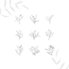 Boho logo. Tiny tattoo floral design set in doodle style isolated black contour hand drawign on white background. 