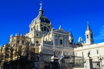 Fototapeta premium Cathedral of the Almudena Cathedral of Santa María la Real de la Almudena. Baroque Catholic cathedral known for its colorful chapels, a Romanesque crypt and museum. Madrid, Spain