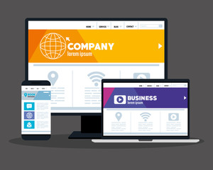 mockup responsive web, concept website development in computer, laptop and smartphone vector illustration design
