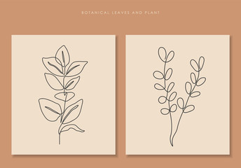 One line continuous of plant set, single line drawing art, tropical leaves,  botanical plant set isolated, simple art design, abstract line outline, vector for frame, fashion design, packaging