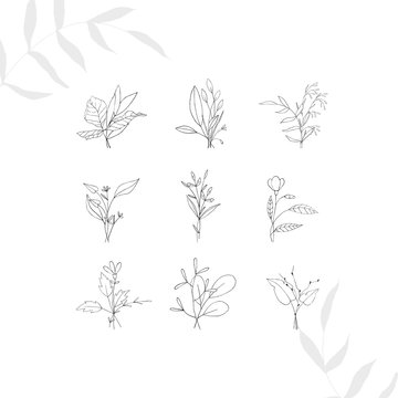 Boho logo. Tiny tattoo floral design set in doodle style isolated black contour hand drawign on white background. Botanical vector decoration print outline sketch illustration.