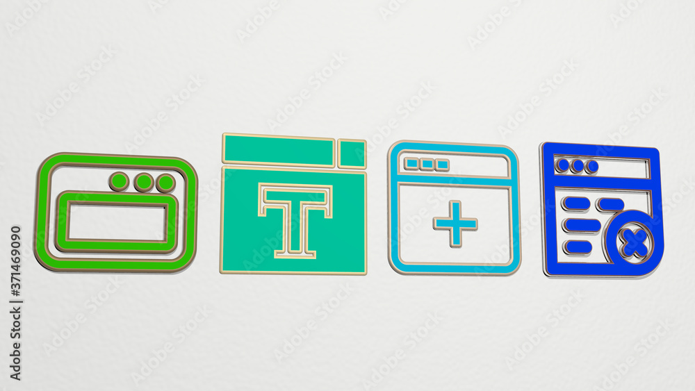Poster browser 4 icons set - 3d illustration for computer and business