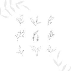 Boho logo. Tiny tattoo floral design set in doodle style isolated black contour hand drawign on white background. Botanical vector decoration print outline sketch illustration.