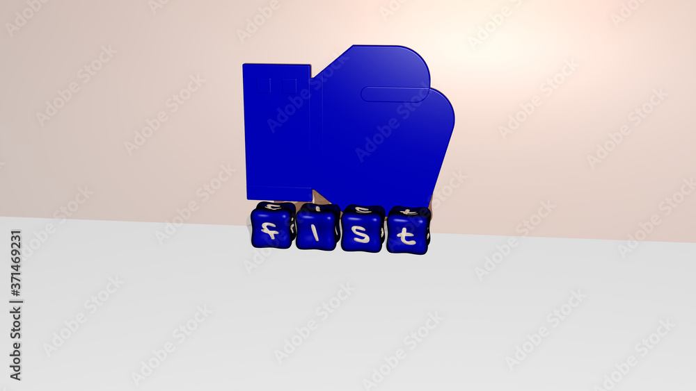 Aufkleber 3d representation of fist with icon on the wall and text arranged by metallic cubic letters on a mir