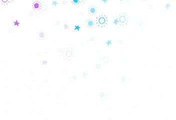 Light Purple, Pink vector background with colorful stars, suns.
