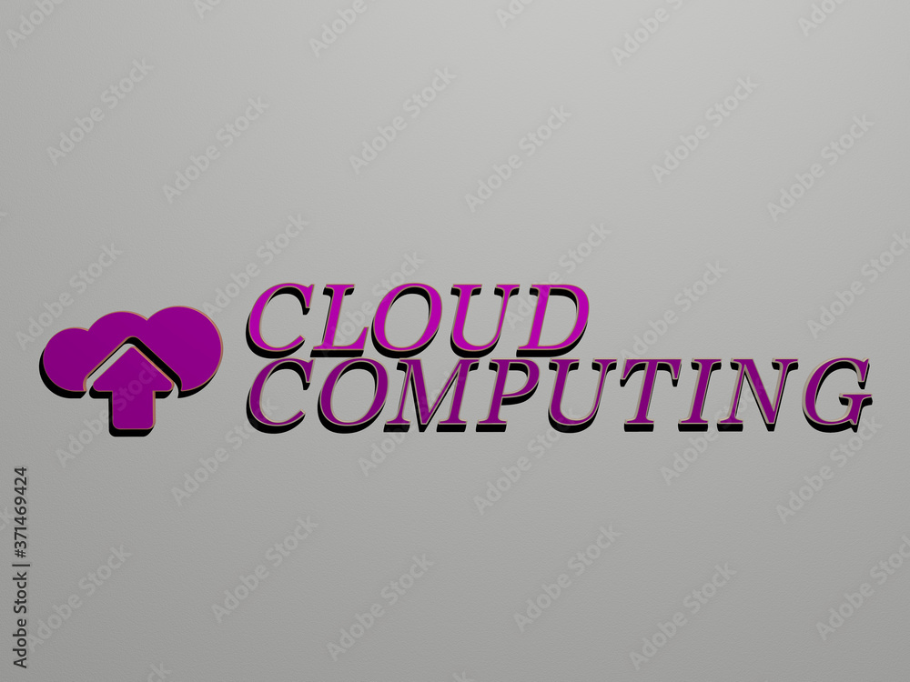 Poster cloud computing icon and text on the wall - 3d illustration for background and blue