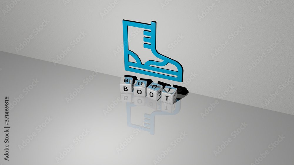 Poster boot text of cubic dice letters on the floor and 3d icon on the wall - 3d illustration for backgroun