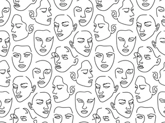 Wall murals One line Seamless pattern with female portraits. One line drawing.