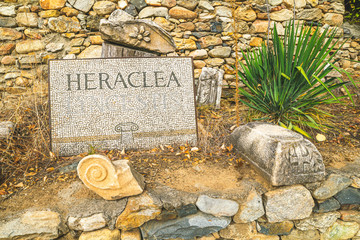 Heraclea sign mosaic and artifacts of greek archeological site in Bitola, Macedonia. Historical place in Balkans
