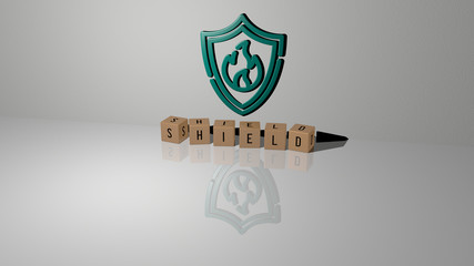 shield text of cubic dice letters on the floor and 3D icon on the wall - 3D illustration for design and logo