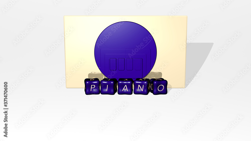 Poster 3d graphical image of piano vertically along with text built by metallic cubic letters from the top 