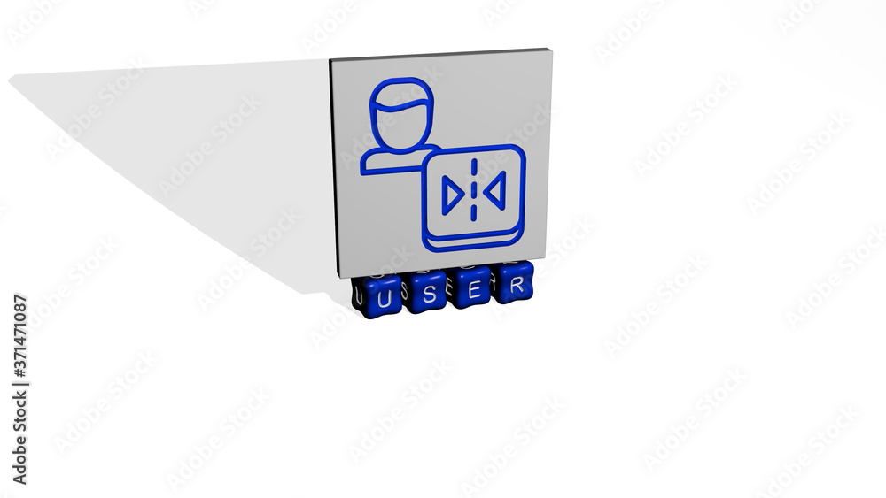 Poster 3d graphical image of user vertically along with text built by metallic cubic letters from the top p