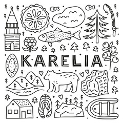 Poster with lettering and doodle outline Karelia icons including lake, waterfall, rocks, bell tower of Kizhi, pine, pie, boat, cranberry, cloudberry, trout fish, bear isolated on white background.