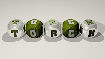 crosswords of TORCH arranged by cubic letters on a mirror floor, concept meaning and presentation for illustration and fire