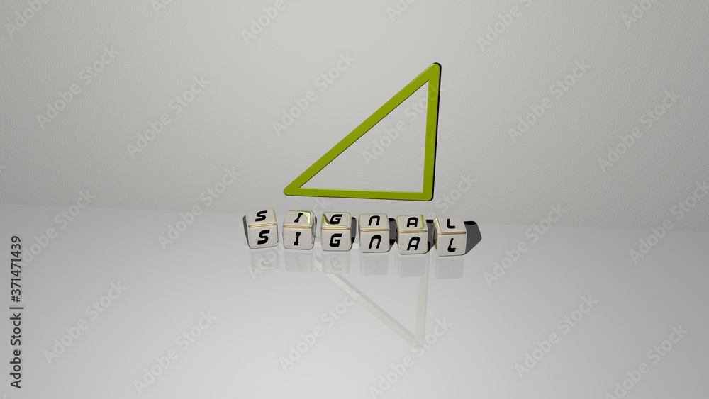 Poster signal text of cubic dice letters on the floor and 3d icon on the wall - 3d illustration for backgro