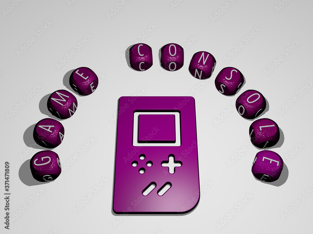 Poster game console icon surrounded by the text of individual letters - 3d illustration for background and 