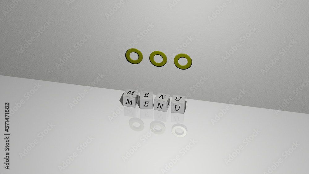 Poster menu text of cubic dice letters on the floor and 3d icon on the wall - 3d illustration for backgroun
