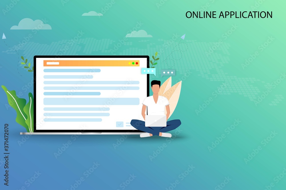 Aufkleber online application concept, a young man is searching in the internet by using laptop to find a cours