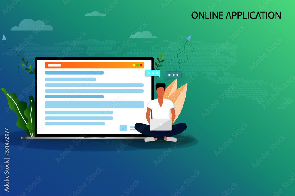 Aufkleber online application concept, a young man is searching in the internet by using laptop to find a cours